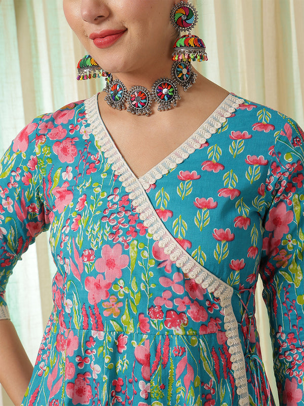 Blue Cotton Calf Length Printed Anarkali V-Neck Kurta Suit Set