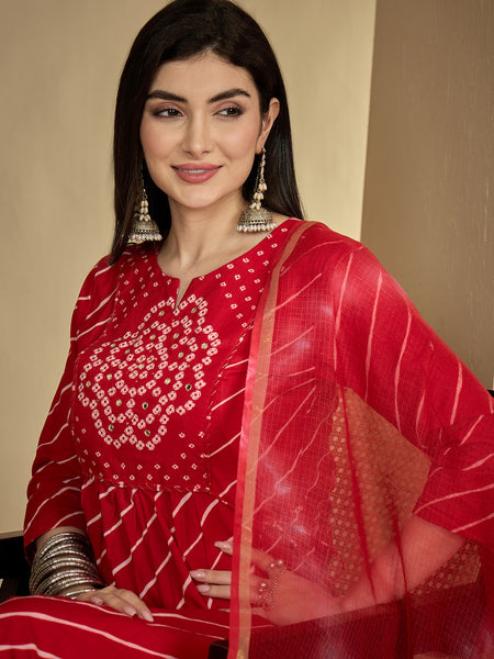 Gulmohar Jaipur Cotton Calf Length Printed 3/4 Sleeves Round Neck Flared Kurta Suit Set