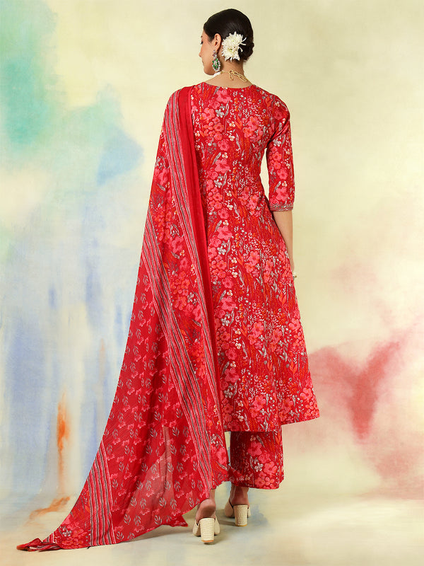 Black Pure Cotton Printed Embroidered Semi-Flared Kurta Suit Set