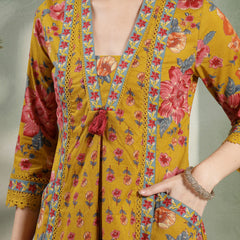 Cotton Calf Length Printed 3/4 Sleeves V-Neck Flared Kurta Suit Set