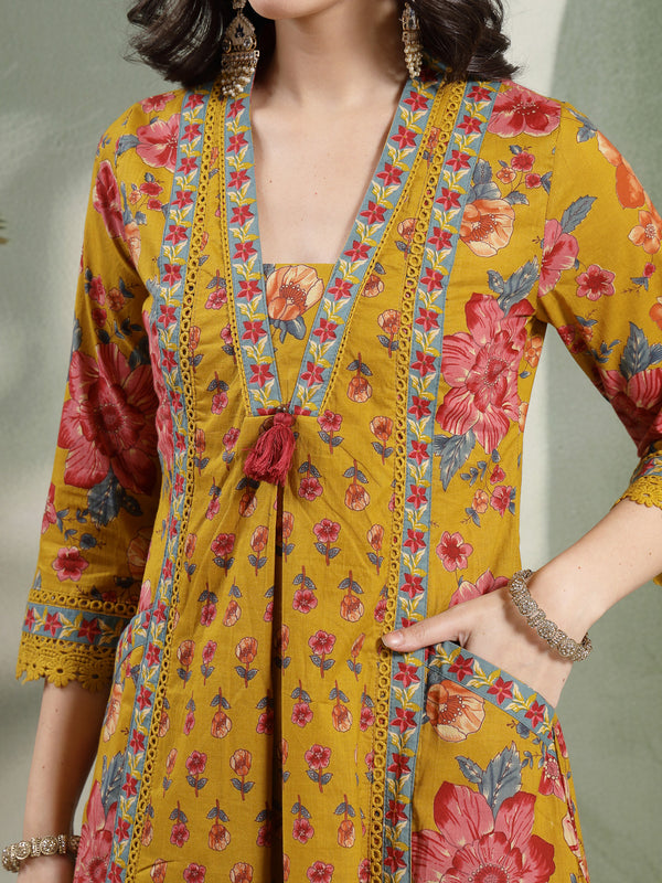 Cotton Calf Length Printed 3/4 Sleeves V-Neck Flared Kurta Suit Set