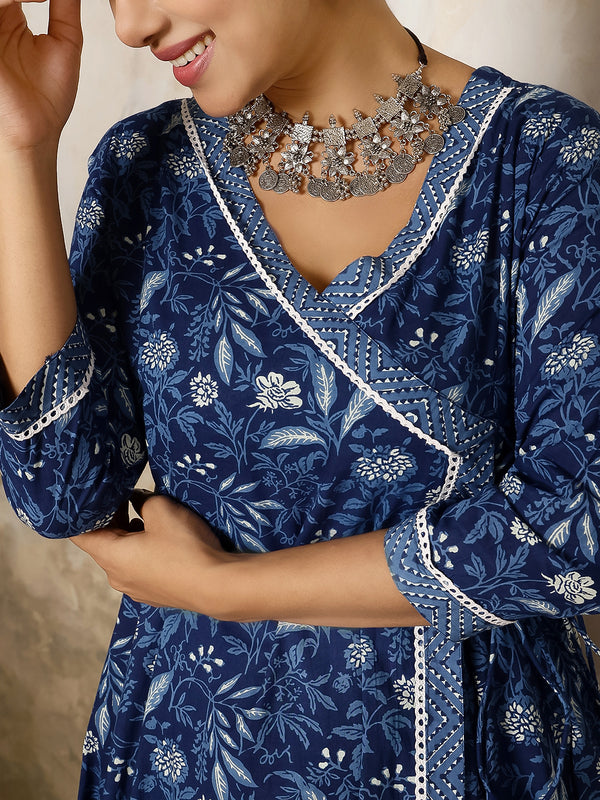 Indigo Cotton Calf Length Printed Flared V-Neck Kurta Suit Set