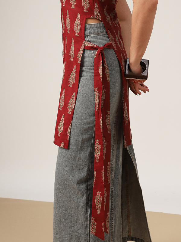 Cotton Mid Length Printed Sleeveless Round Neck Straight Kurta