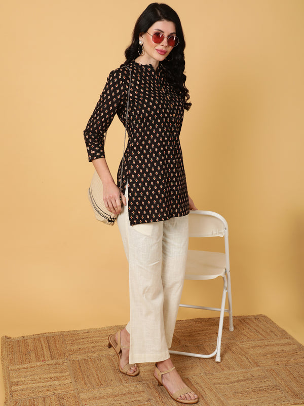 Cotton  Midi Length Printed Straight 3/4 Sleeves Mandarin Top