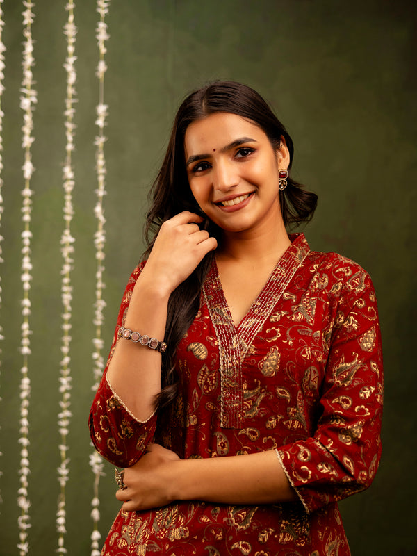 Maroon Cotton Calf Length Printed A-Line V-Neck Kurta Palazzo Set