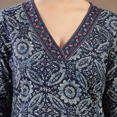 Gulmohar Jaipur Cotton Calf Length Printed 3/4 Sleeves V-Neck Straight Kurta