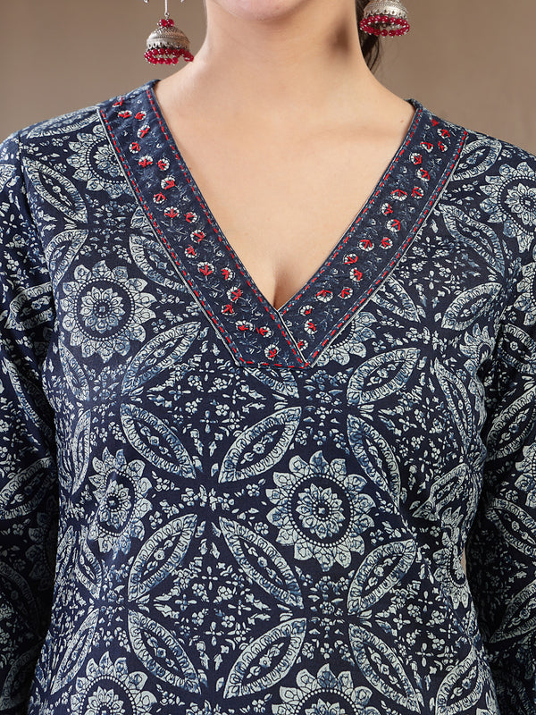 Gulmohar Jaipur Cotton Calf Length Printed 3/4 Sleeves V-Neck Straight Kurta