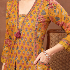 Cotton Calf Length Printed 3/4 Sleeves V-Neck Flared Kurta Suit Set
