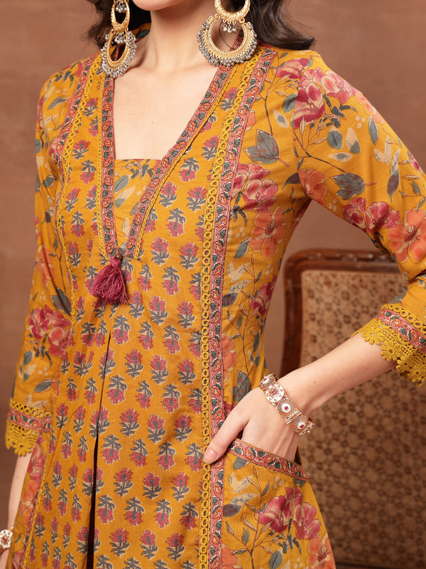 Cotton Calf Length Printed 3/4 Sleeves V-Neck Flared Kurta Suit Set