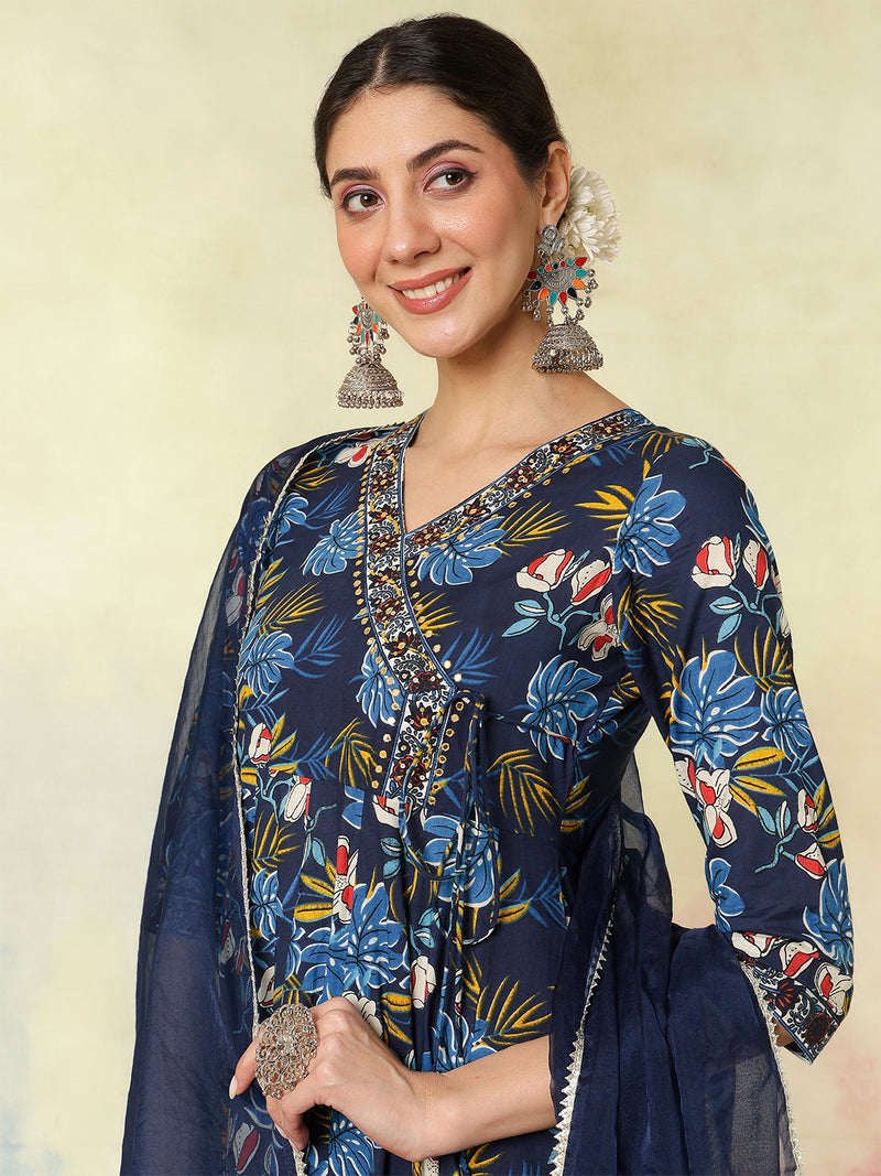 Black Pure Cotton Printed hand-Work Anarkali Kurta Suit Set