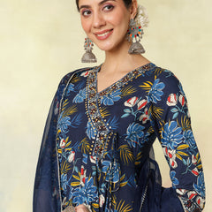 Black Pure Cotton Printed hand-Work Anarkali Kurta Suit Set
