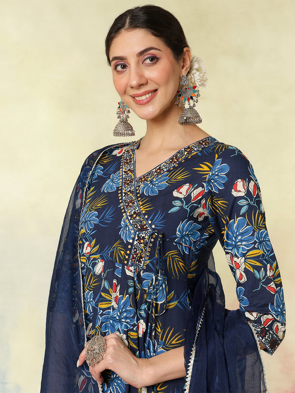 Black Pure Cotton Printed hand-Work Anarkali Kurta Suit Set