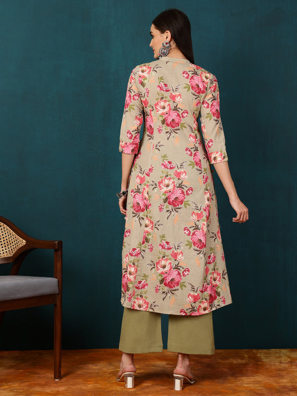 Cotton Flex  Calf length Length Floral  Straight 3/4 Sleeves V  Kurta