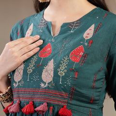 Gulmohar Jaipur Rayon Calf Length Printed 3/4 Sleeves Round Neck A-Line Kurta Suit Set