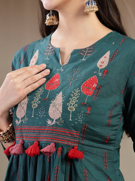 Gulmohar Jaipur Rayon Calf Length Printed 3/4 Sleeves Round Neck A-Line Kurta Suit Set