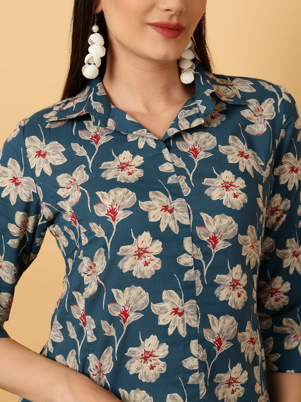 Blue Rayon Calf Length Floral A-Line Shirt Coller Kurta