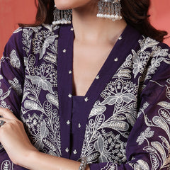 Purple Cotton Calf Length Solid 3/4 Sleeves V-Neck Anarkali Kurta Suit Set