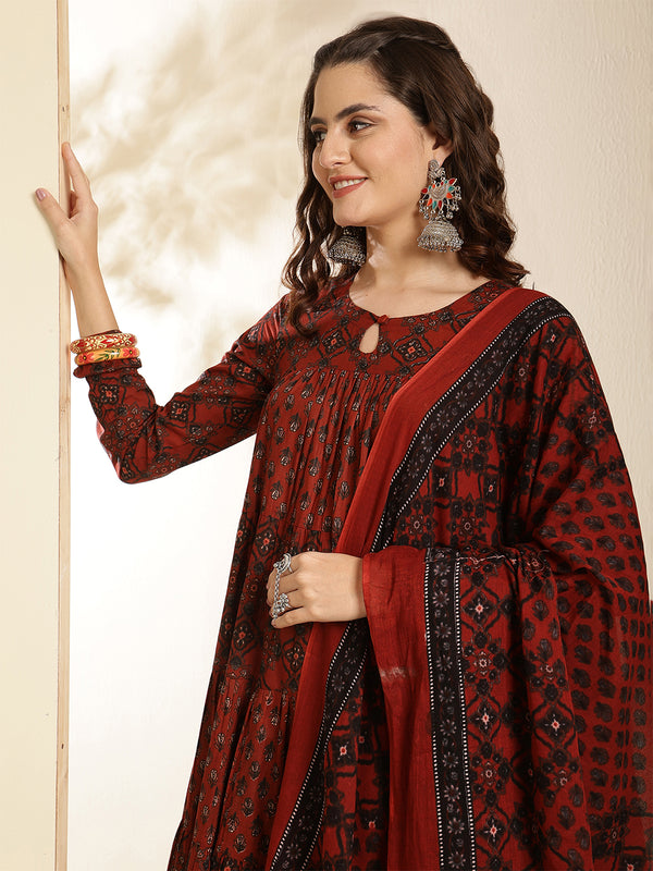 Maroon Pure Cotton Printed Keyhole Neck Anarkali Kurta Suit Set