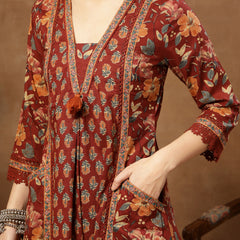 Cotton Calf Length Printed 3/4 Sleeves V-Neck Flared Kurta Suit Set