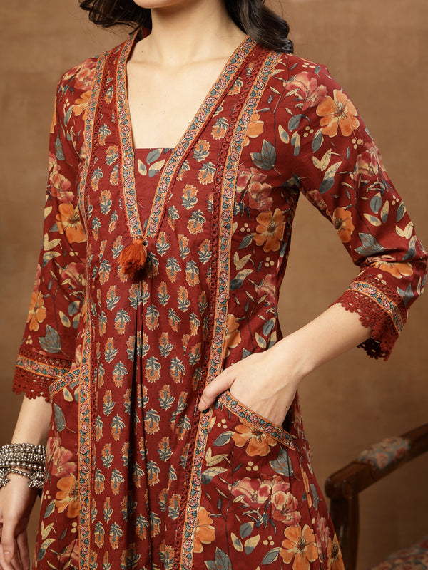 Cotton Calf Length Printed 3/4 Sleeves V-Neck Flared Kurta Suit Set