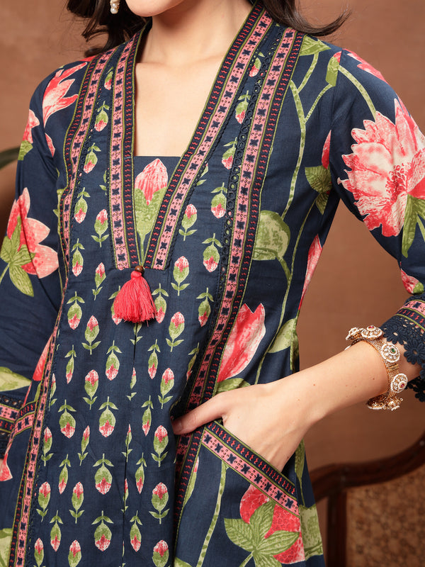 Cotton Calf Length Printed 3/4 Sleeves V-Neck Flared Kurta Suit Set