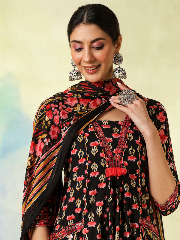 Black Pure Cotton Printed Embroidered Semi-Flared Kurta Suit Set