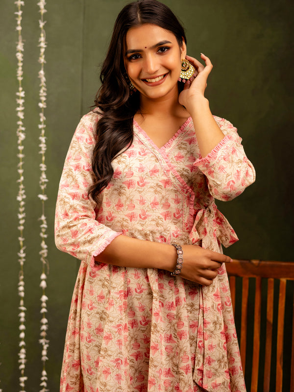 Off White Cotton Calf Length Printed Flared Angrakha Kurta