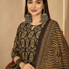 Gulmohar Jaipur Cotton Calf Length Printed 3/4 Sleeve Key Hole Neck Anarkali Kurta Suit Set