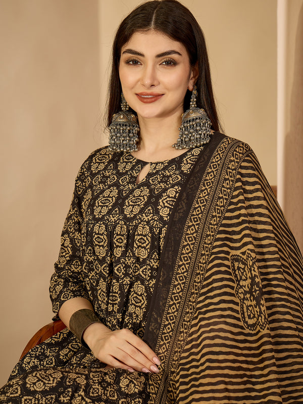Gulmohar Jaipur Cotton Calf Length Printed 3/4 Sleeve Key Hole Neck Anarkali Kurta Suit Set