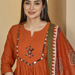 Gulmohar Jaipur Cotton Calf Length Solid 3/4 Sleeves Round Neck Flared Kurta Suit Set