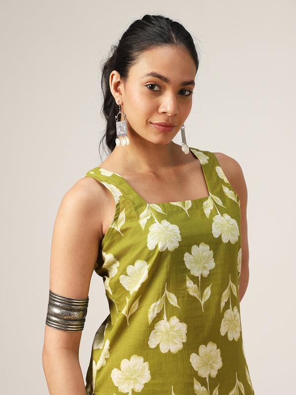 Cotton Hip Length Printed Sleeveless Square Neck Straight Top
