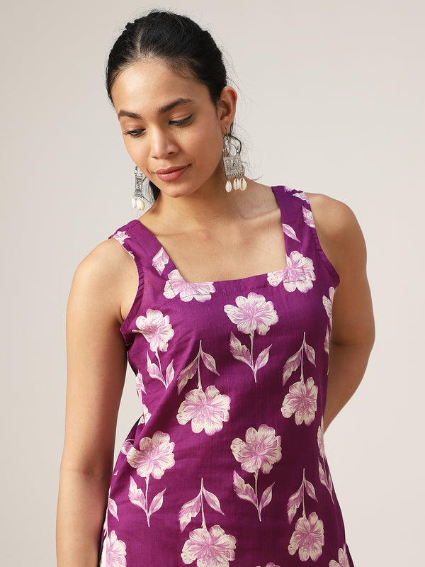 Cotton Hip Length Printed Sleeveless Square Neck Straight Top