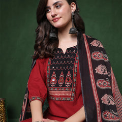 Maroon Rayon Calf Length Solid 3/4 Sleeves Round Neck Straight Kurta Suit Set