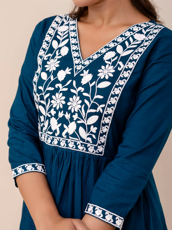 Blue Rayon Hip Length Solid V-Neck Solid Embroidered Semi-Flared Top