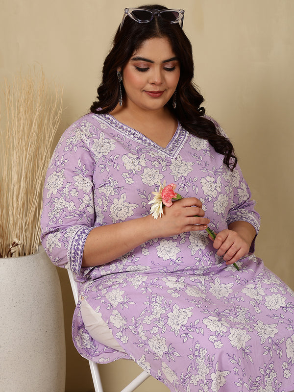 Cotton  Calf Length Printed Straight 3/4 Sleeves V-Neck Kurta