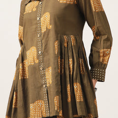 Cotton Hip Length Printed Full Sleeve Shirt Collar Flared Top