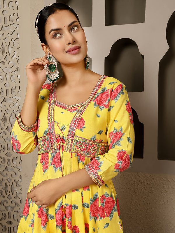 Lime Rayon Ankle Length Printed V-Neck Flared Gown