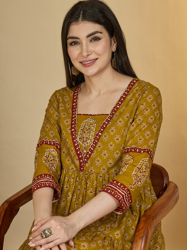 Gulmohar Jaipur Cotton Ankle Length Printed 3/4 Sleeves V-Neck Anarkali Kurta