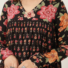 Cotton Calf Length Printed Full Sleeve V-Neck Flared Kurta Suit Set