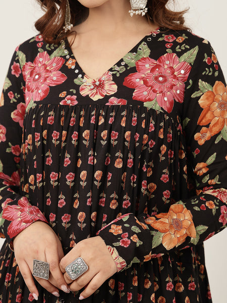 Cotton Calf Length Printed Full Sleeve V-Neck Flared Kurta Suit Set