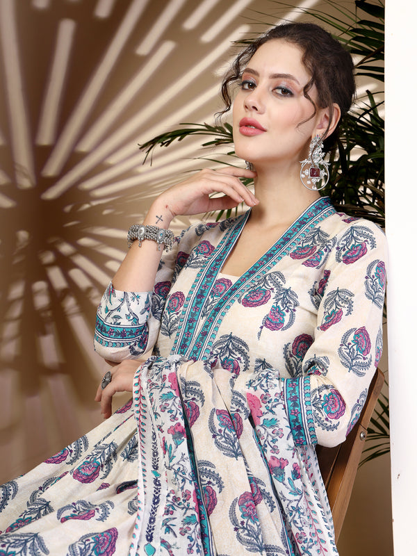 Blue Cotton Calf Length Printed V-Neck Anarkali Kurta Suit Set