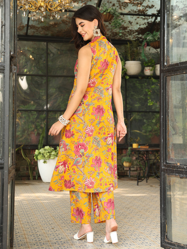 Mustard Cotton Calf Length Printed A-Line Mandarin Neck Kurta Palazzo Set