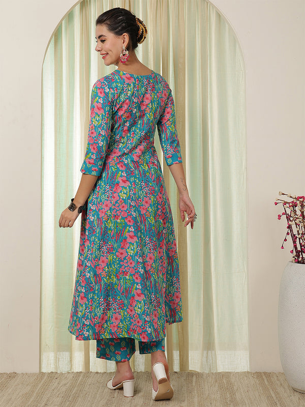 Blue Cotton Calf Length Printed V-Neck Semi-Flared Kurta Palazzo Set