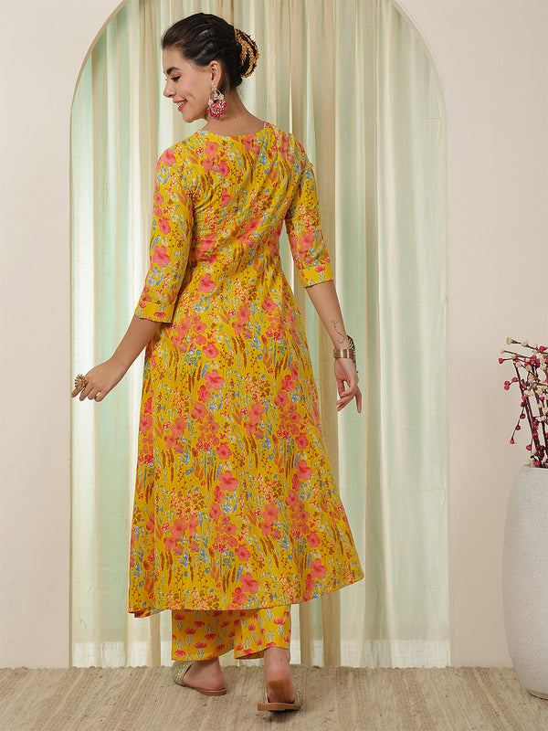 Yellow Cotton Calf Length Printed V-Neck Semi-Flared Kurta Palazzo Set