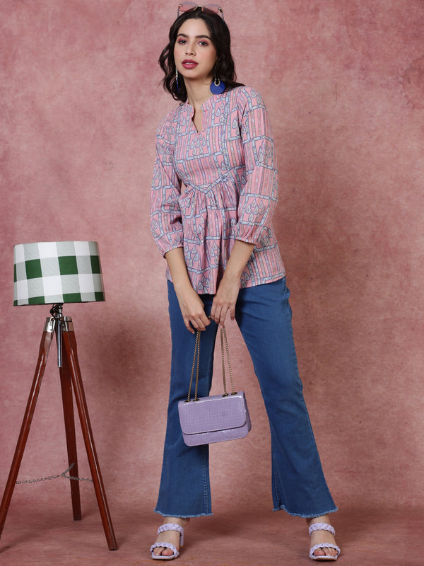 Rayon Short Length Length Printed Regular 3/4 Sleeves Mandarin Top