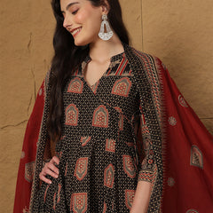 Black Cotton Printed Collared Neck Anarkali Kurta Suit Set