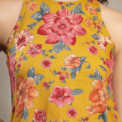 Cotton Calf Length Printed Sleeveless Round Neck Flared Kurta Suit Set