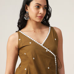 Cotton Hip Length Solid Sleeveless V-Neck Flared Top