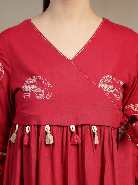 Gulmohar Jaipur Rayon Hip Length Printed 3/4 Sleeves V-Neck Flared Top