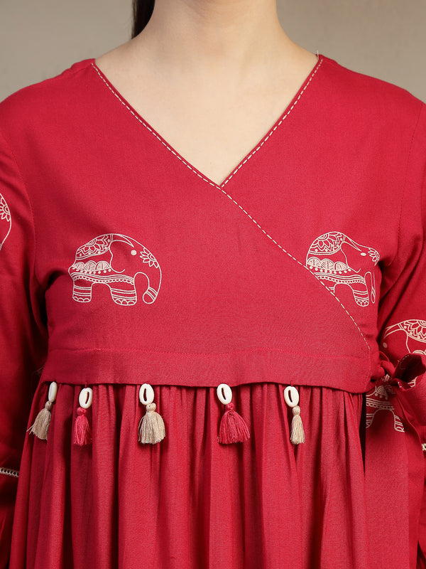 Gulmohar Jaipur Rayon Hip Length Printed 3/4 Sleeves V-Neck Flared Top